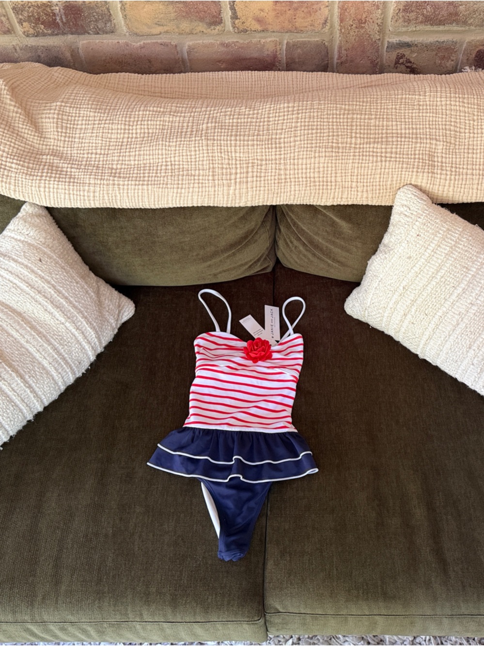 Janie and Jack Red & Navy Striped One-Piece Swimsuit with Navy Ruffle
